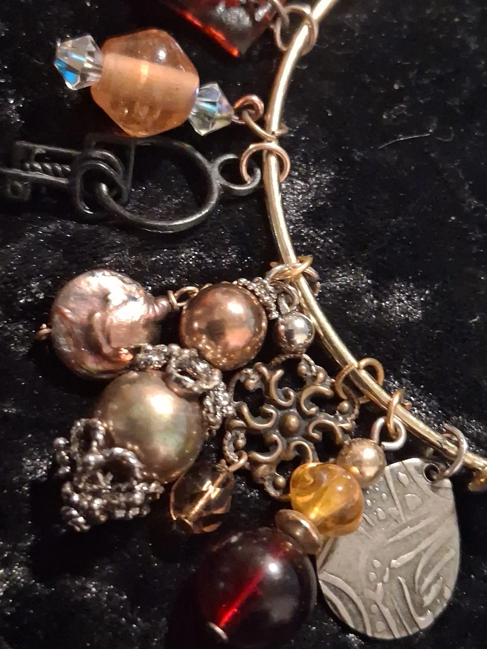 Gold-Tone Boho Charm Bangle Bracelet in Amber and Brown Expandable